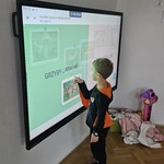 Chłopiec wskazuje zdjęcie grzybów jadalnych wyświetlone na tablicy multimedialnej..jpg